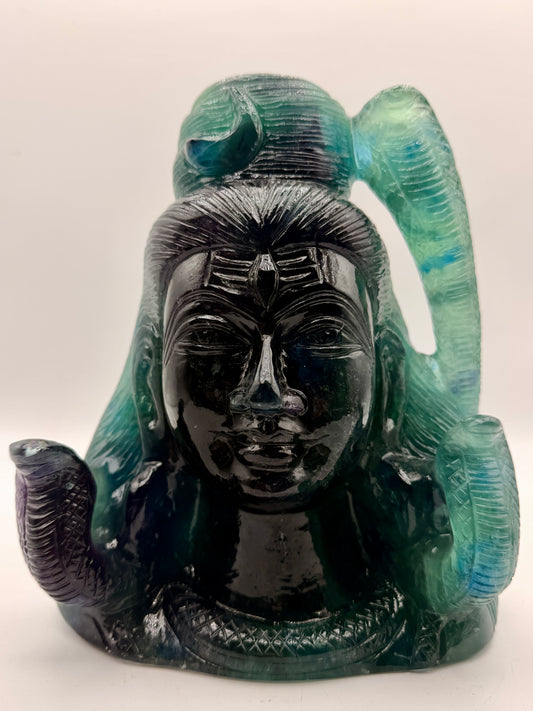 Rainbow Fluorite Shiva Head Statue – Hand-Carved Crystal Altar