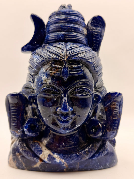 Sodalite Crystal Shiva Head Statue – UV-Reactive Altar