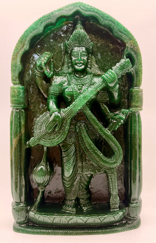 Green sparkling Aventurine carved Crystal Saraswati Altar