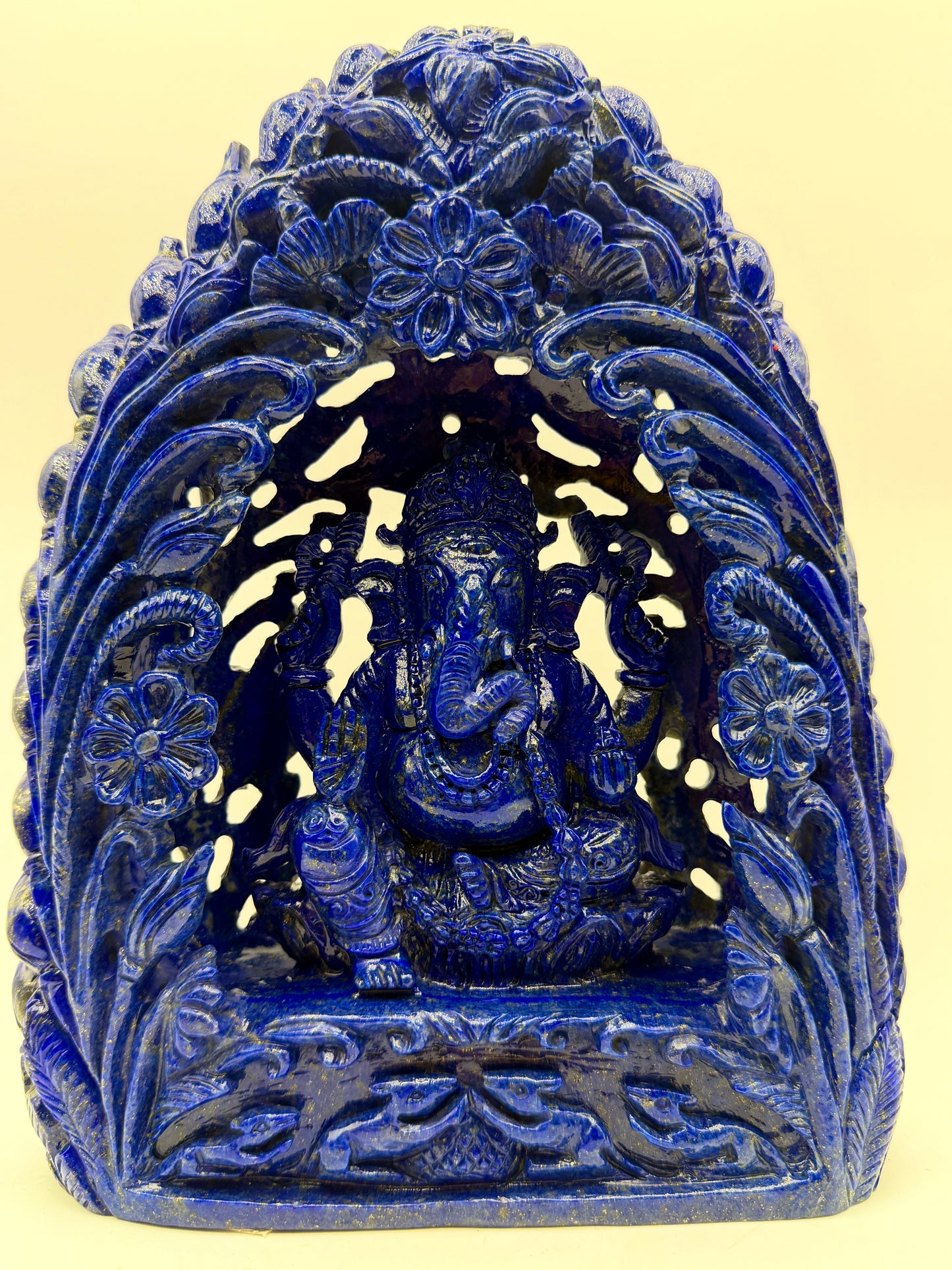 Lapis Crystal Carved Filagree Flower grove Ganesha Altar