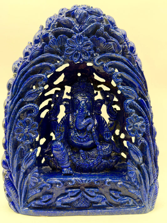 Lapis Lazuli Crystal Ganesha Statue – Floral Filigree Altar