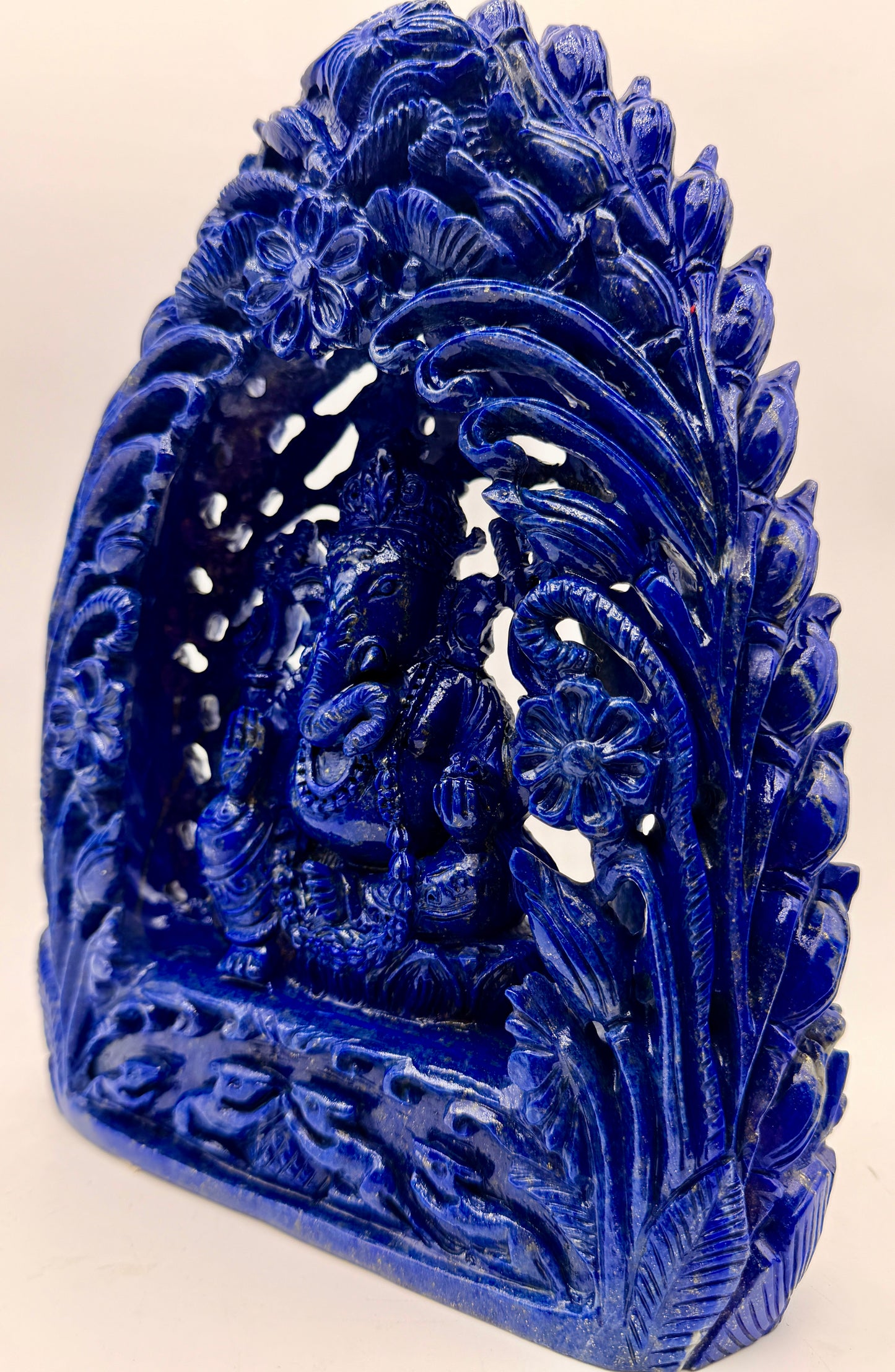Lapis Crystal Carved Filagree Flower grove Ganesha Altar