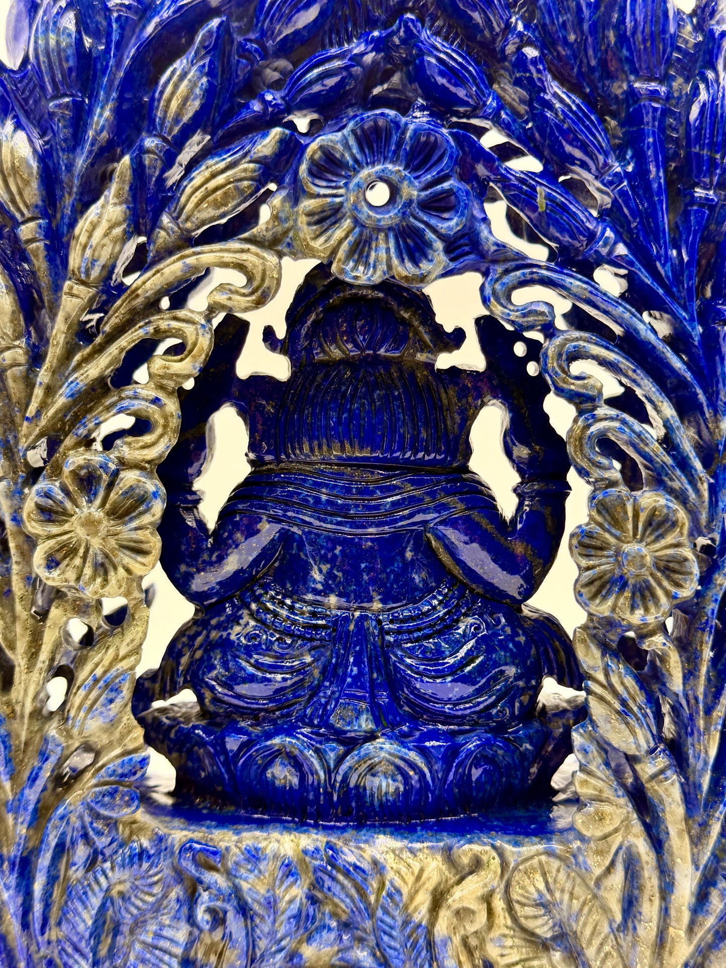 Lapis Crystal Carved Filagree Flower grove Ganesha Altar
