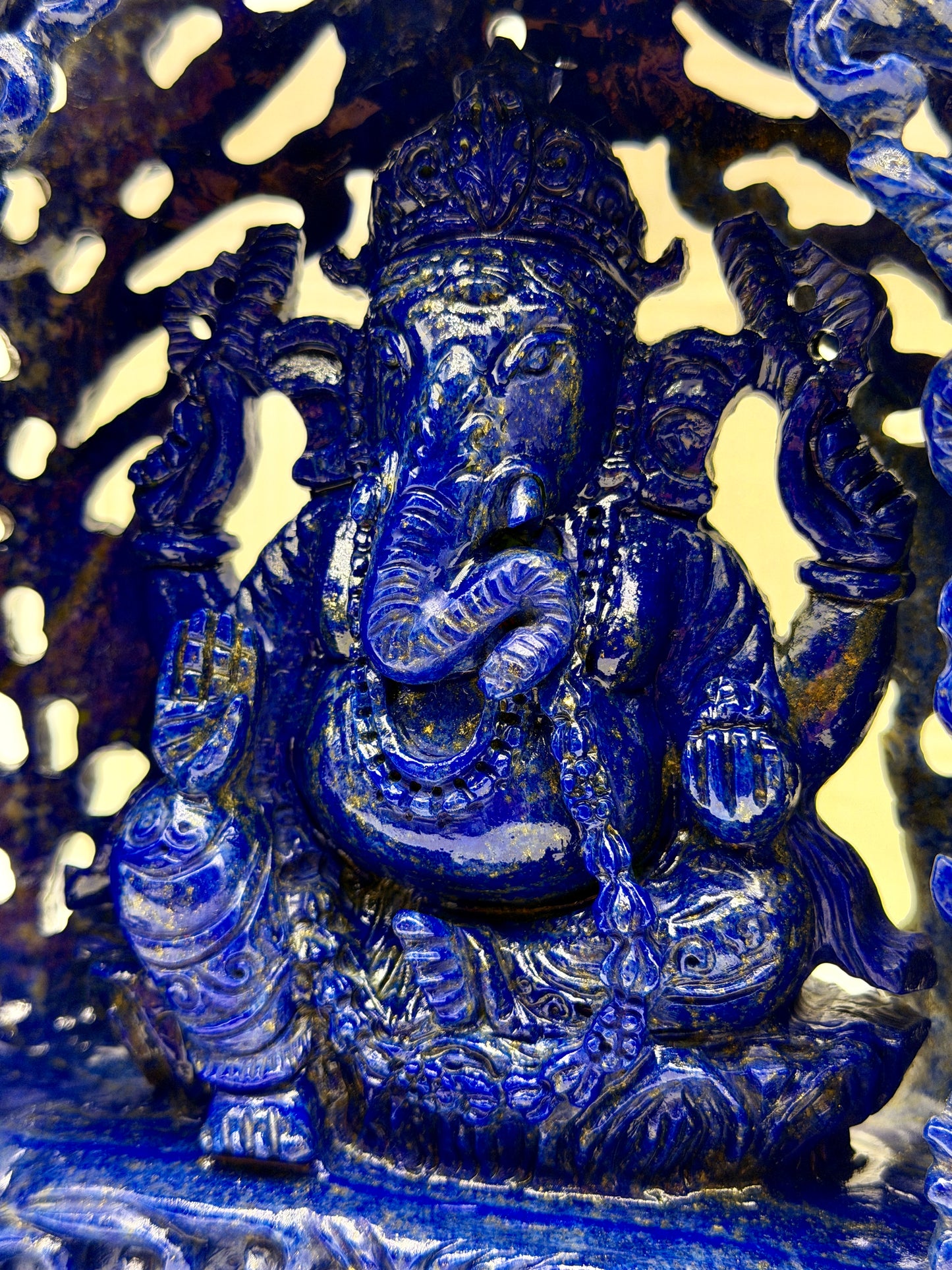 Lapis Crystal Carved Filagree Flower grove Ganesha Altar
