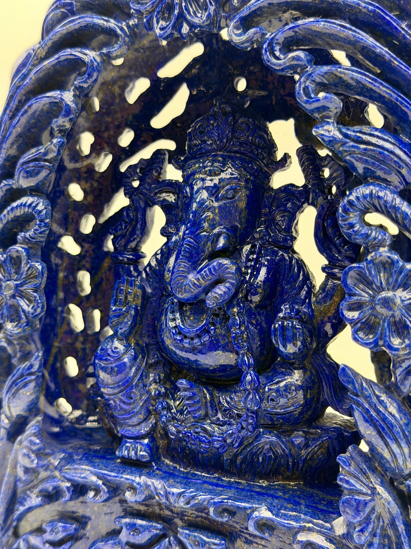 Lapis Crystal Carved Filagree Flower grove Ganesha Altar
