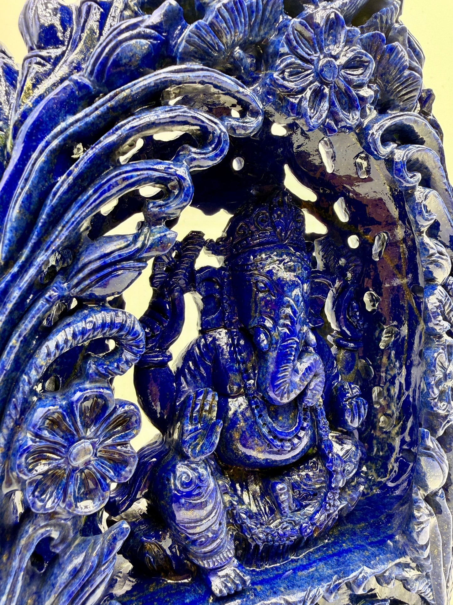 Lapis Crystal Carved Filagree Flower grove Ganesha Altar