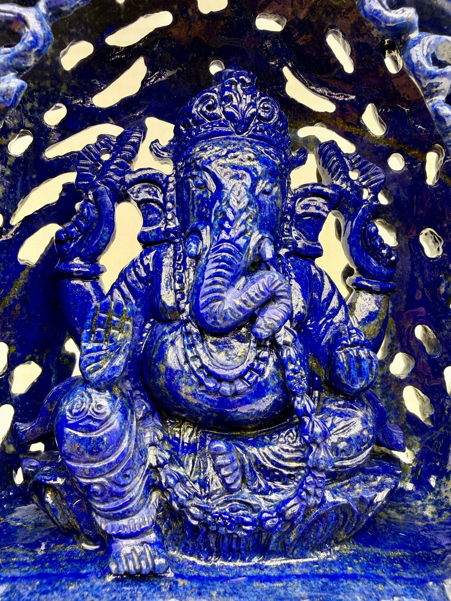 Lapis Crystal Carved Filagree Flower grove Ganesha Altar