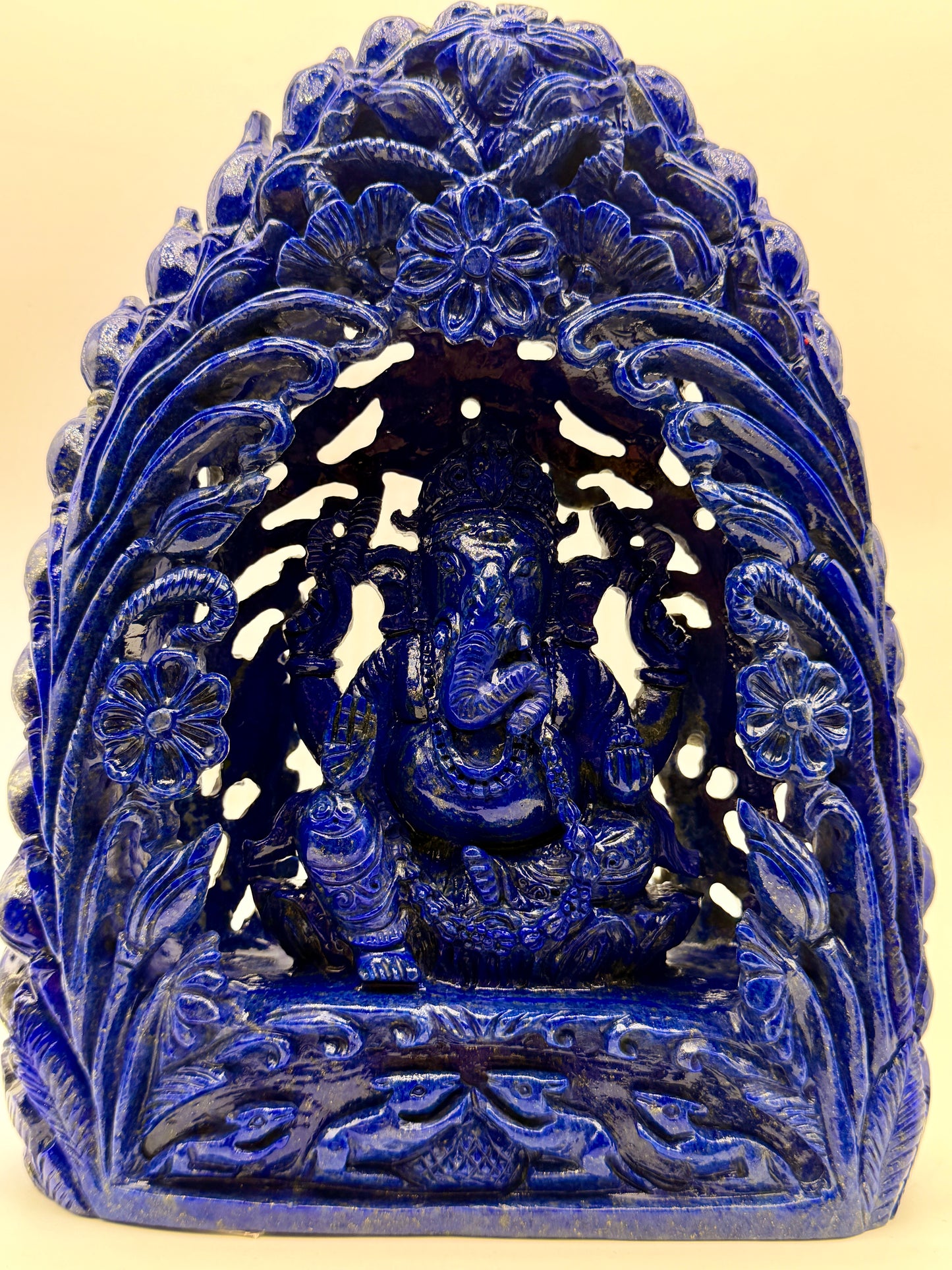 Lapis Crystal Carved Filagree Flower grove Ganesha Altar