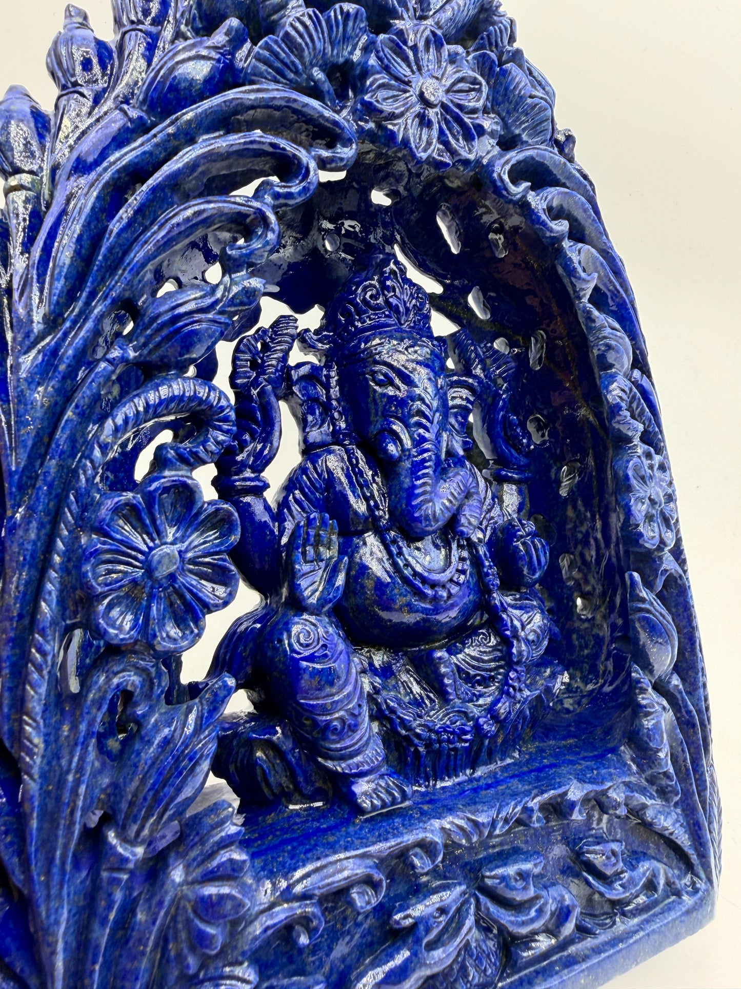 Lapis Crystal Carved Filagree Flower grove Ganesha Altar