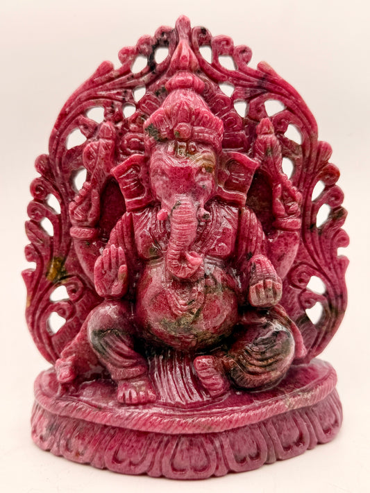 Rhodonite Crystal Ganesha Statue – Floral Filigree Altar