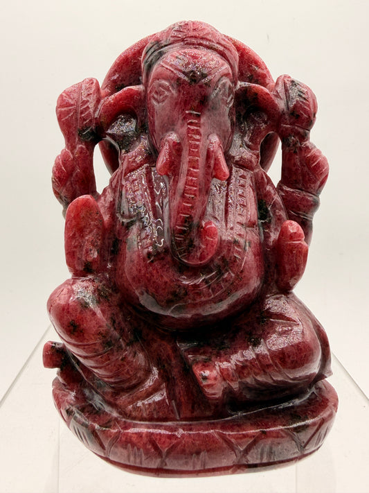 Rhodonite Crystal Ganesha Statue – Hand-Carved Altar
