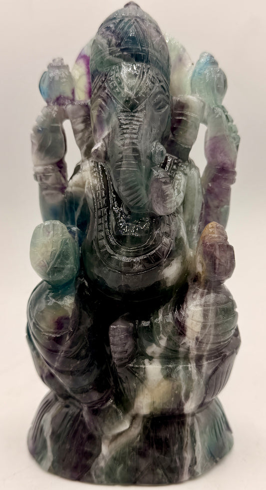 Rainbow Fluorite Crystal Ganesha Statue – Hand Carved Altar