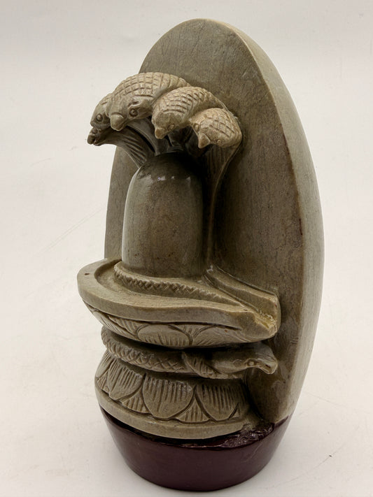 Narmada Shiva Lingam Stone with Five Cobras – Offering Altar