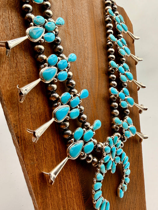 Sleeping Beauty Turquoise Sterling Silver Squash Blossom Necklace
