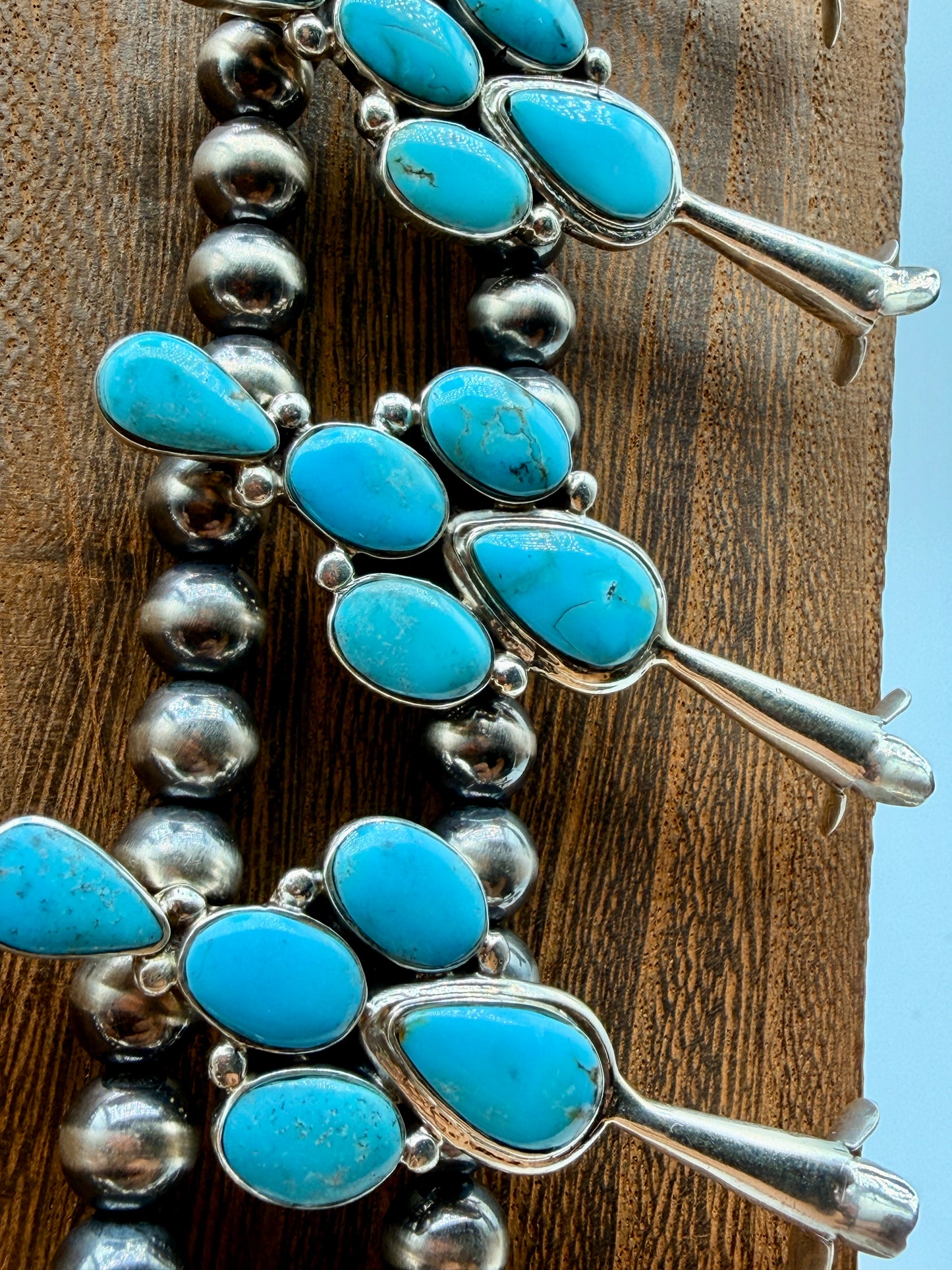 Sleeping Beauty Turquoise Sterling Silver Squash Blossom Necklace