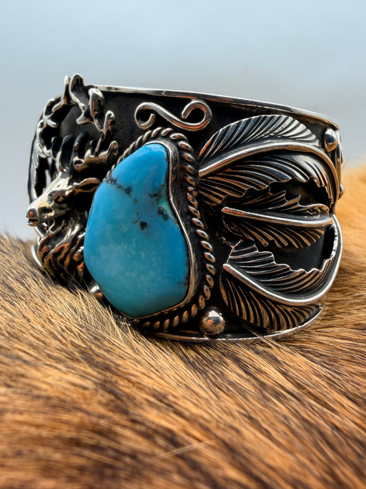 Handmade Sterling Silver Kingman Turquoise Stag Cuff Bracelet