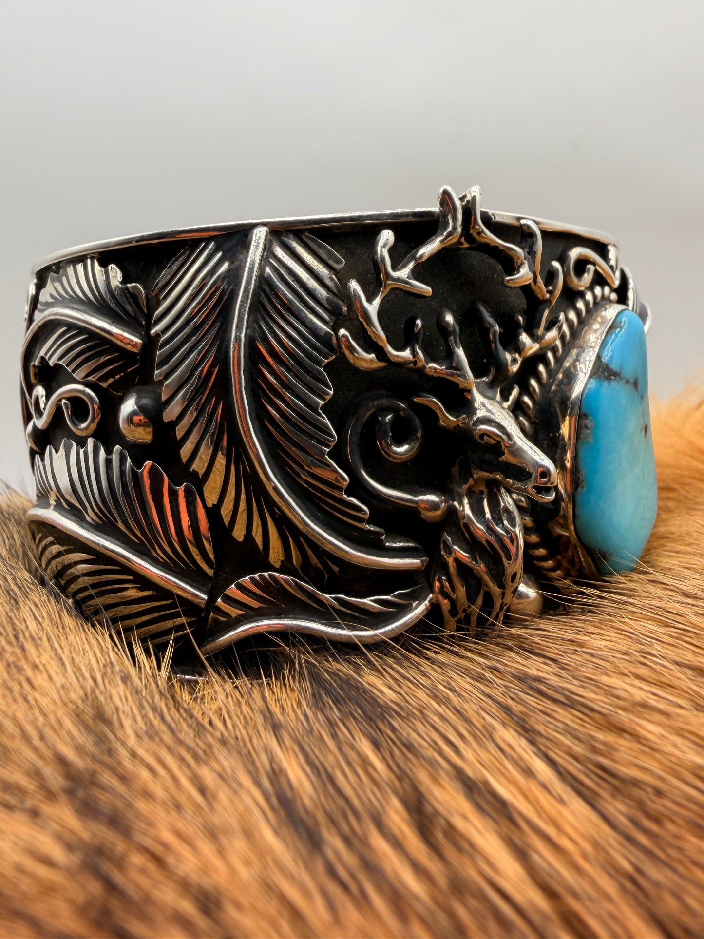 Handmade Sterling Silver Kingman Turquoise Stag Cuff Bracelet
