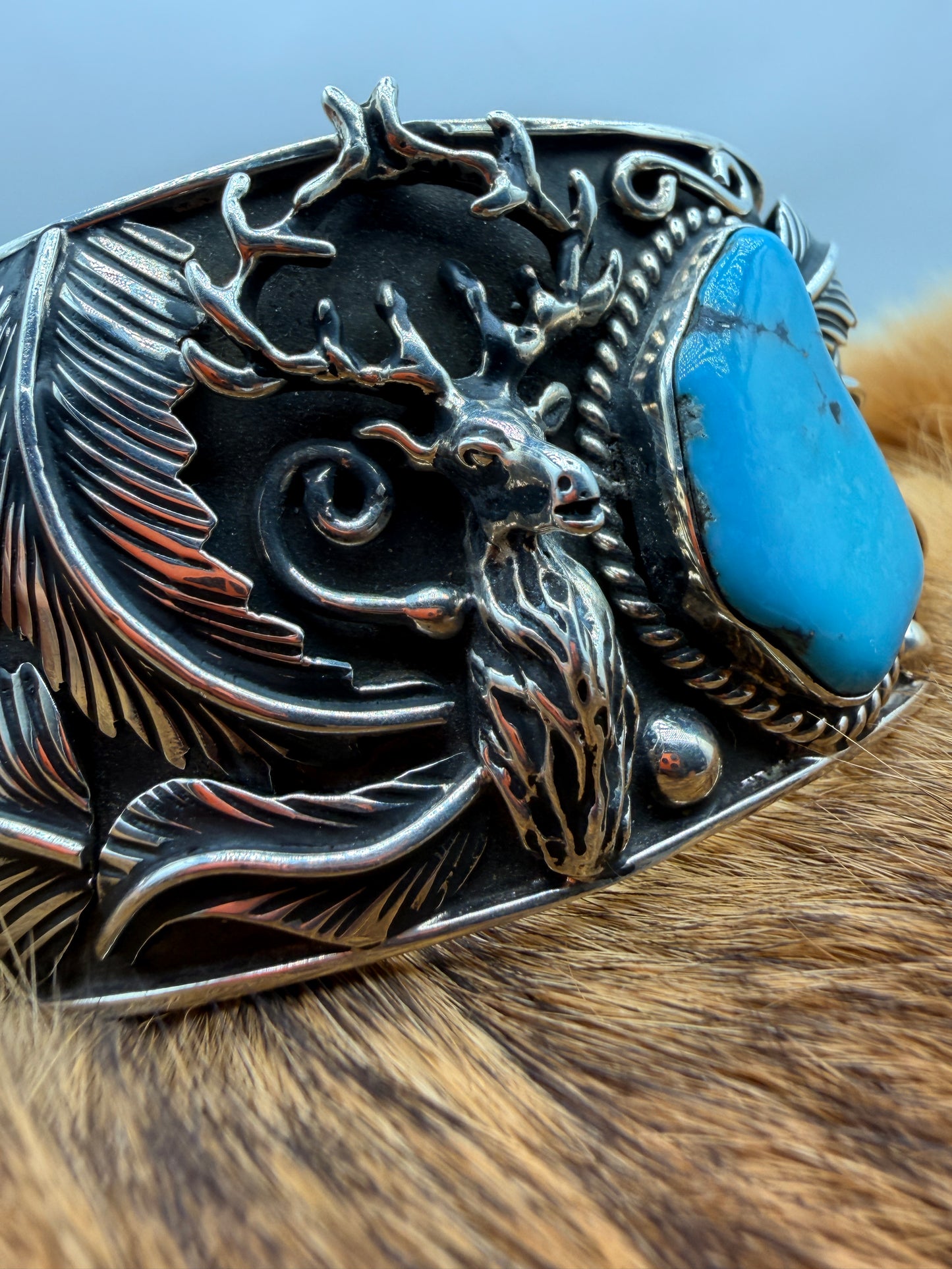 Handmade Sterling Silver Kingman Turquoise Stag Cuff Bracelet