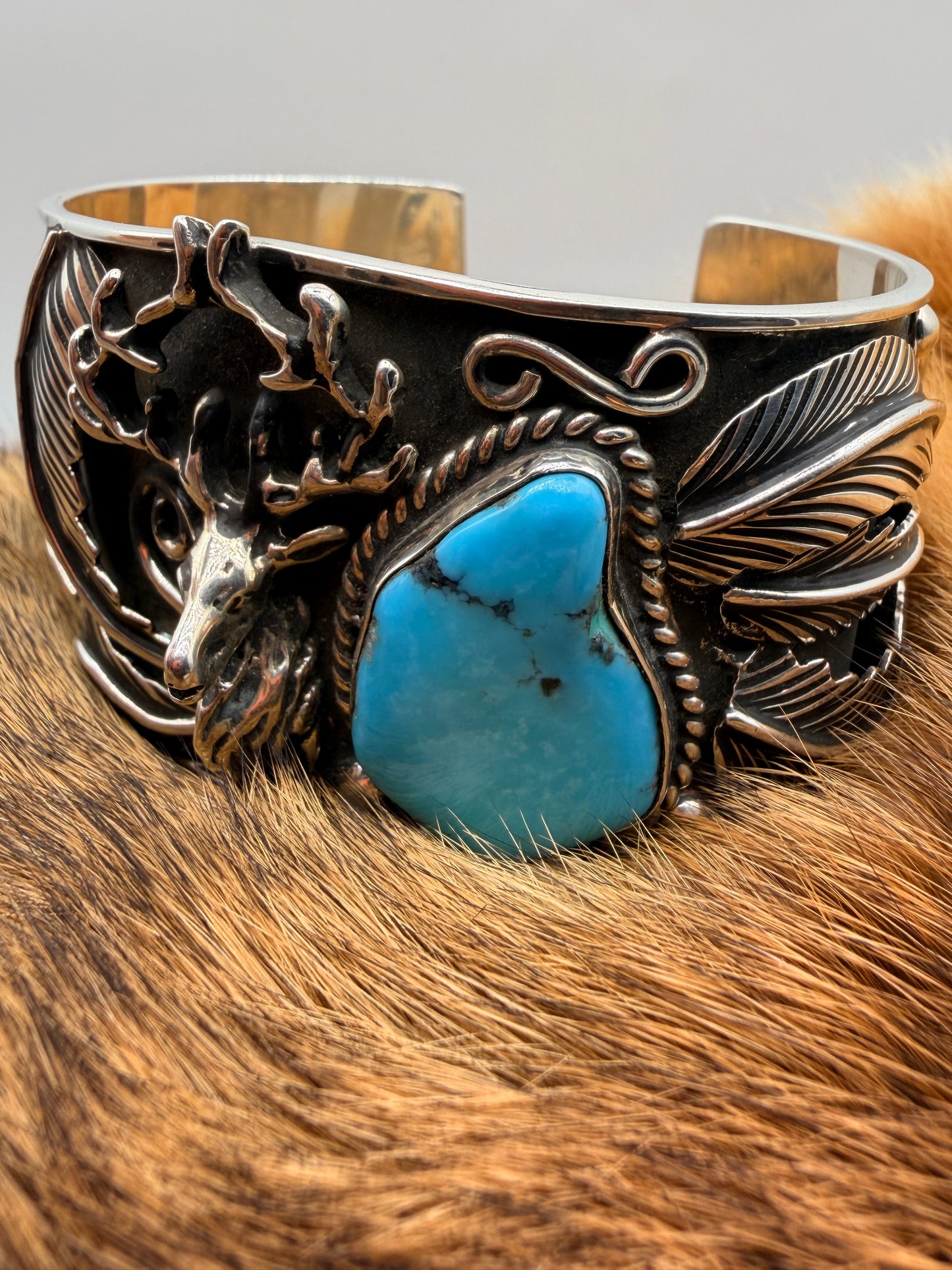 Handmade Sterling Silver Kingman Turquoise Stag Cuff Bracelet