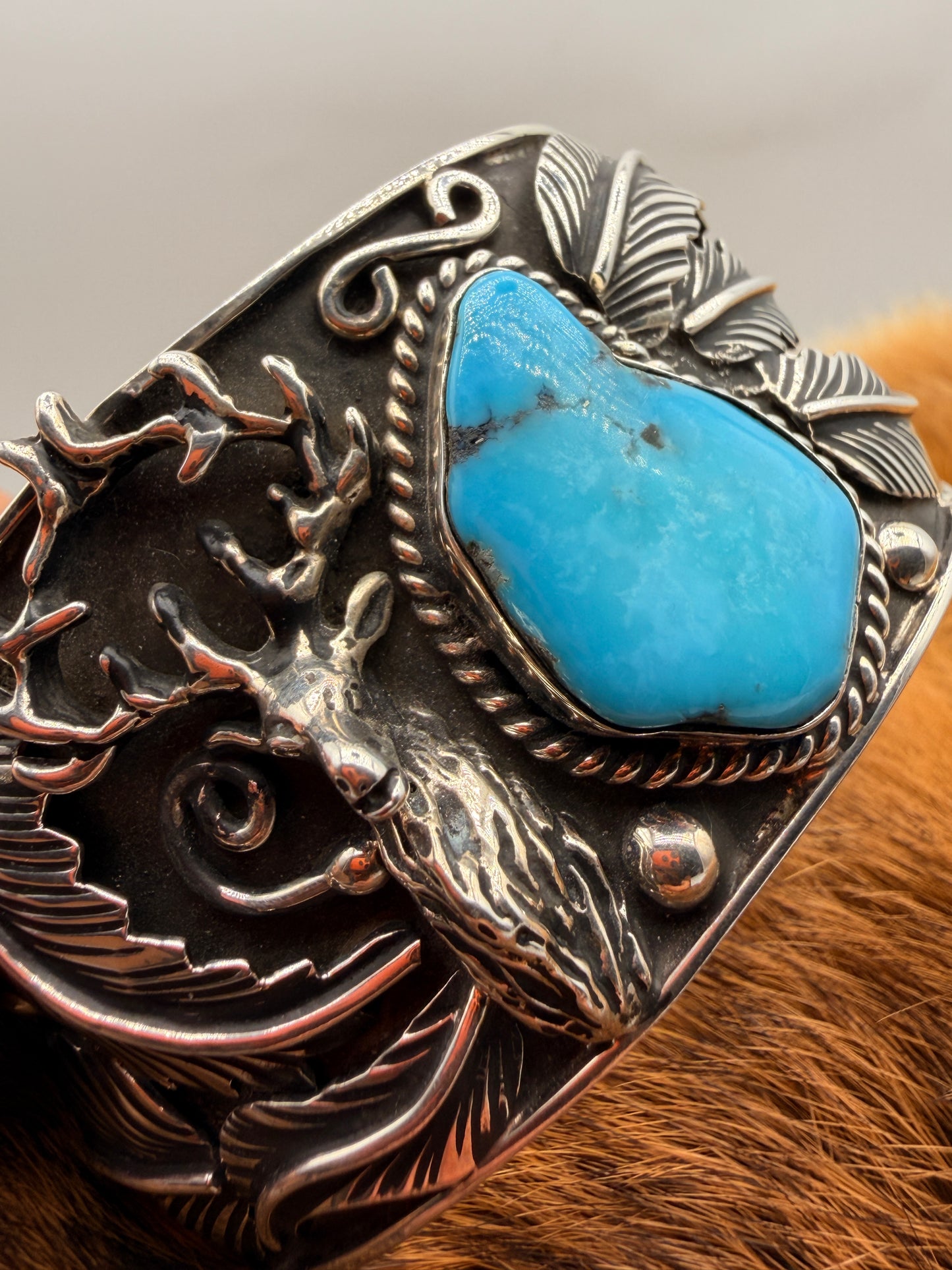 Handmade Sterling Silver Kingman Turquoise Stag Cuff Bracelet