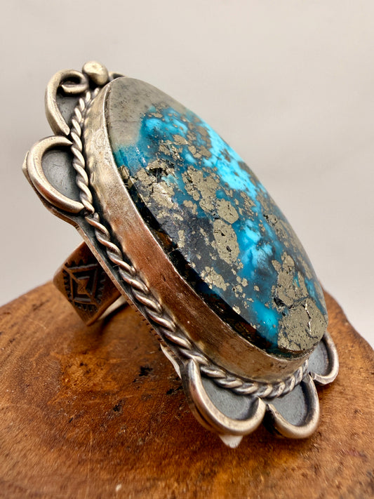 Gilbert Nez Sterling Silver Turquoise & Pyrite Statement Ring