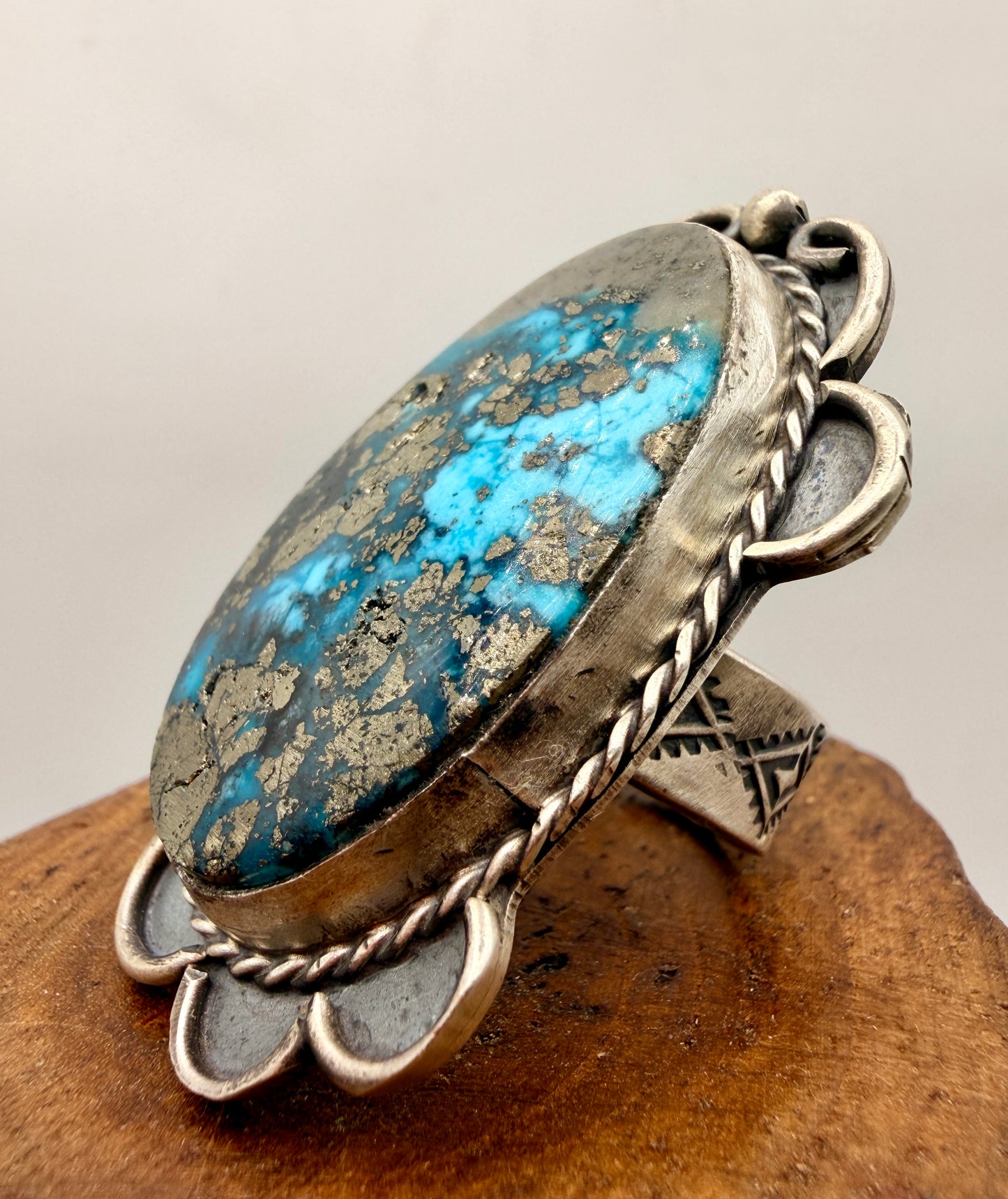 Gilbert Nez Sterling Silver Turquoise & Pyrite Statement Ring