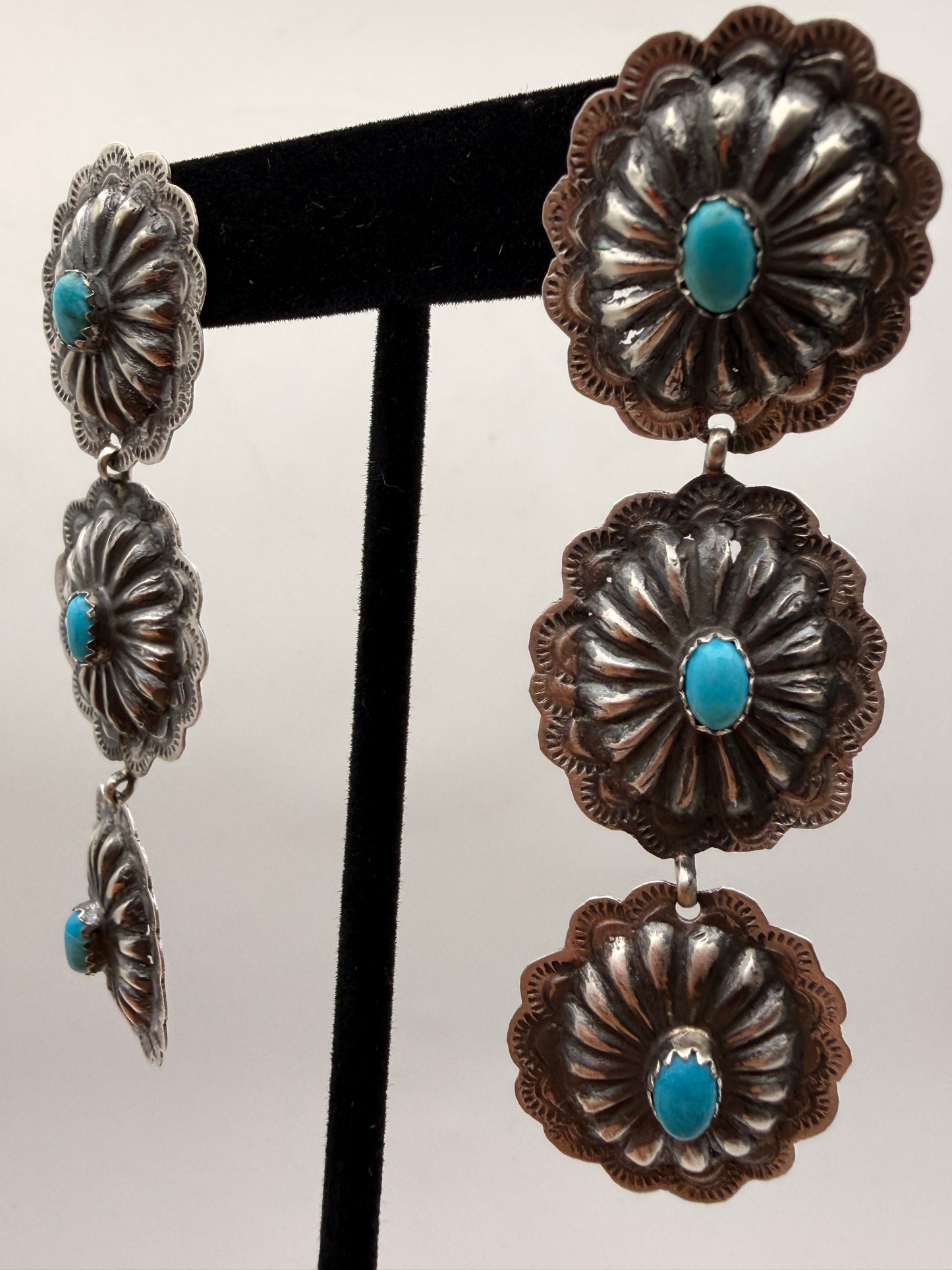 Vintage Navajo Sterling Silver Triple Concho Turquoise Dangle Earrings | 3"