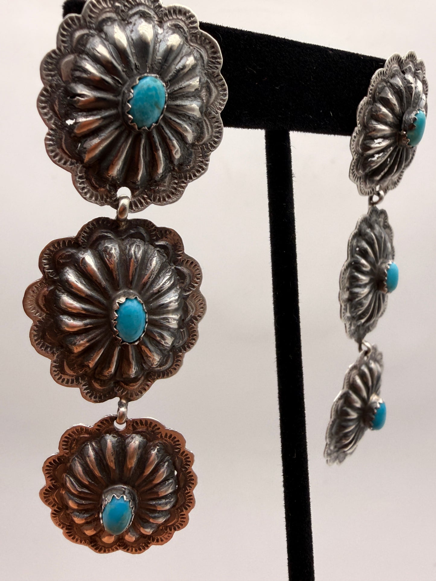 Vintage Navajo Sterling Silver Triple Concho Turquoise Dangle Earrings | 3"