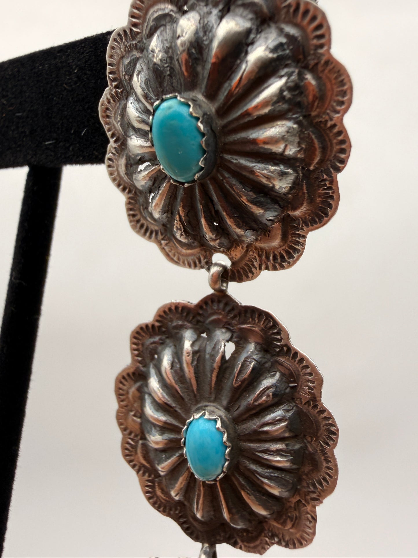 Vintage Navajo Sterling Silver Triple Concho Turquoise Dangle Earrings | 3"