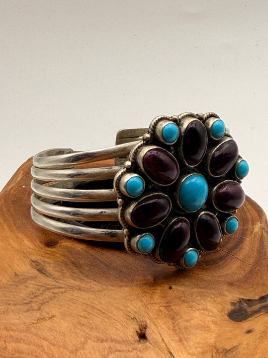 Spiny Oyster & Turquoise Sterling Silver Cluster Cuff Bracelet | 6.5"