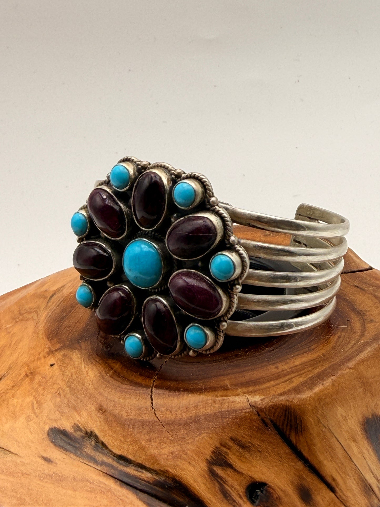 Spiny Oyster & Turquoise Stainless Steel Cluster Cuff Bracelet | 6.5"