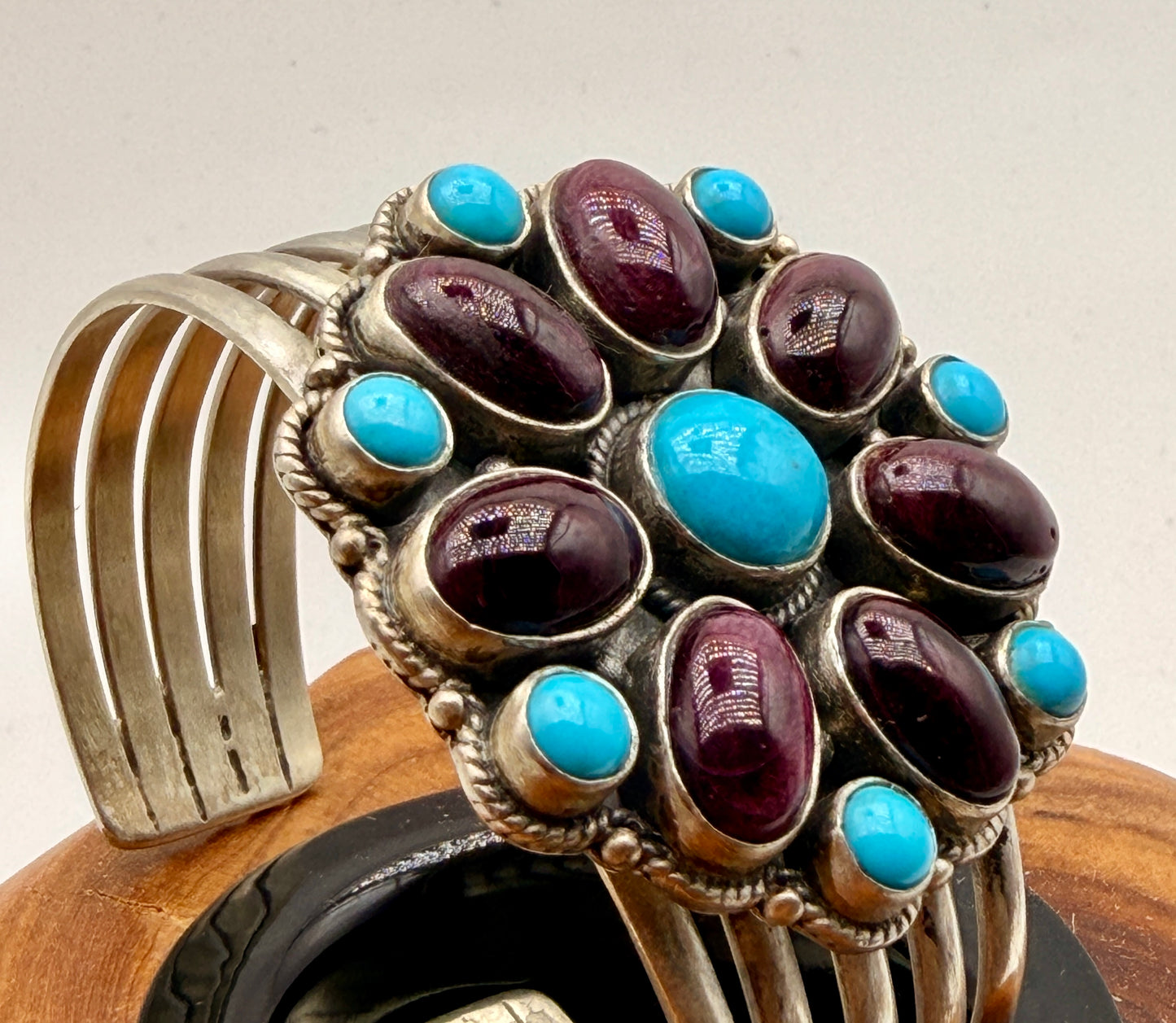 Spiny Oyster & Turquoise Stainless Steel Cluster Cuff Bracelet | 6.5"