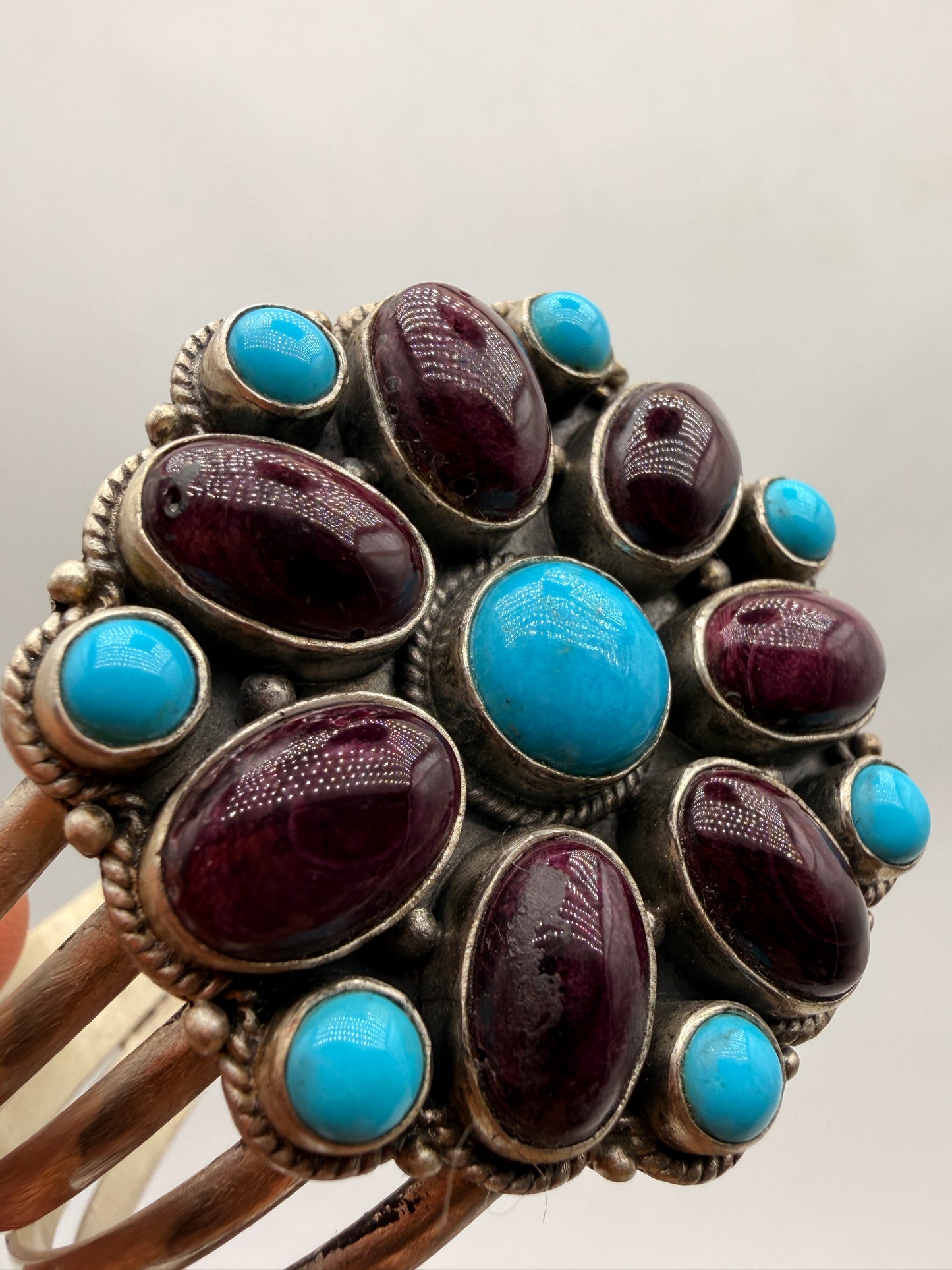 Spiny Oyster & Turquoise Stainless Steel Cluster Cuff Bracelet | 6.5"