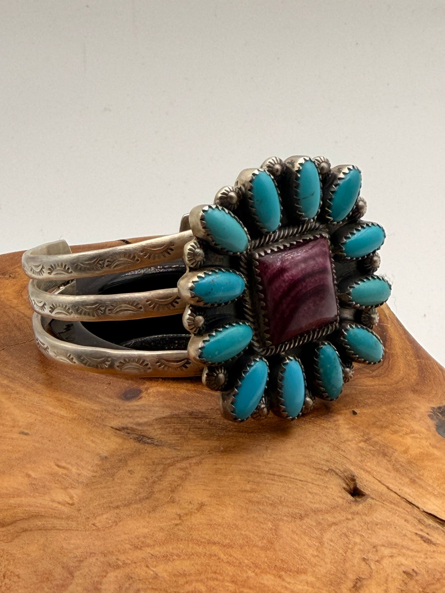 Turquoise & Spiny Oyster Sterling Silver Cluster Cuff Bracelet | 6.5"
