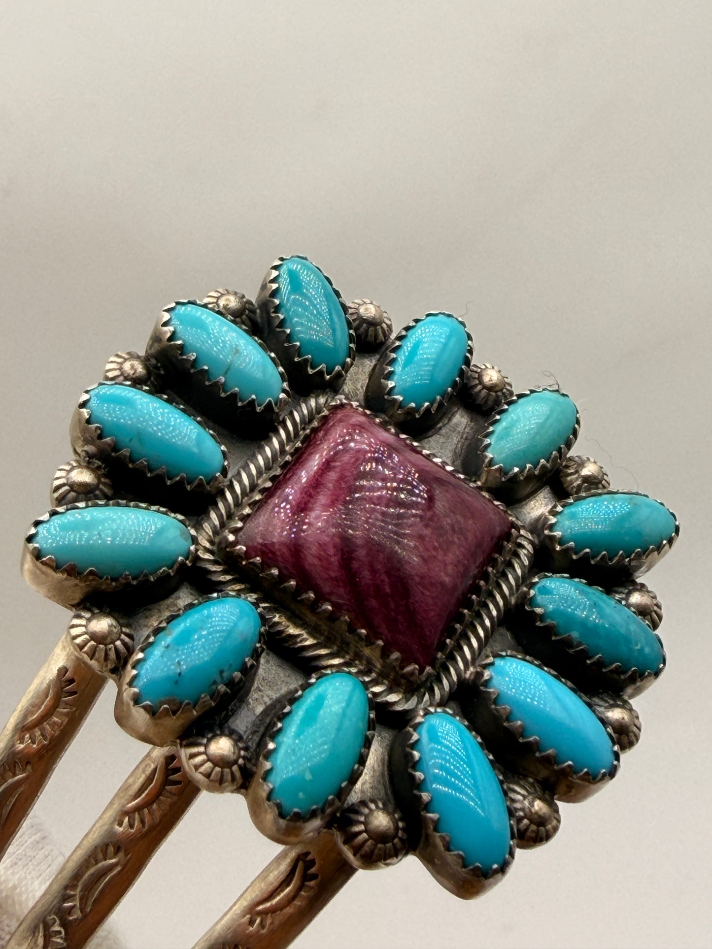 Turquoise & Spiny Oyster Sterling Silver Cluster Cuff Bracelet | 6.5"