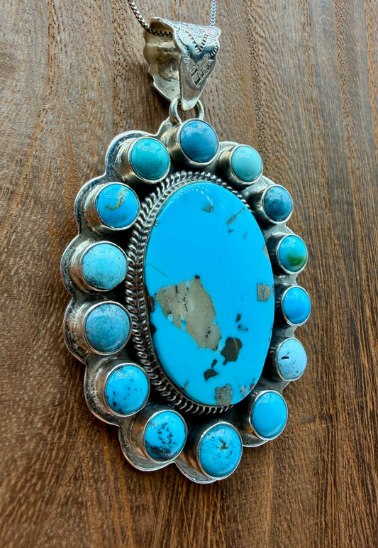 Turquoise Sterling silver Statement Pendant | 3" Southwestern Pendant with Decorative Bail