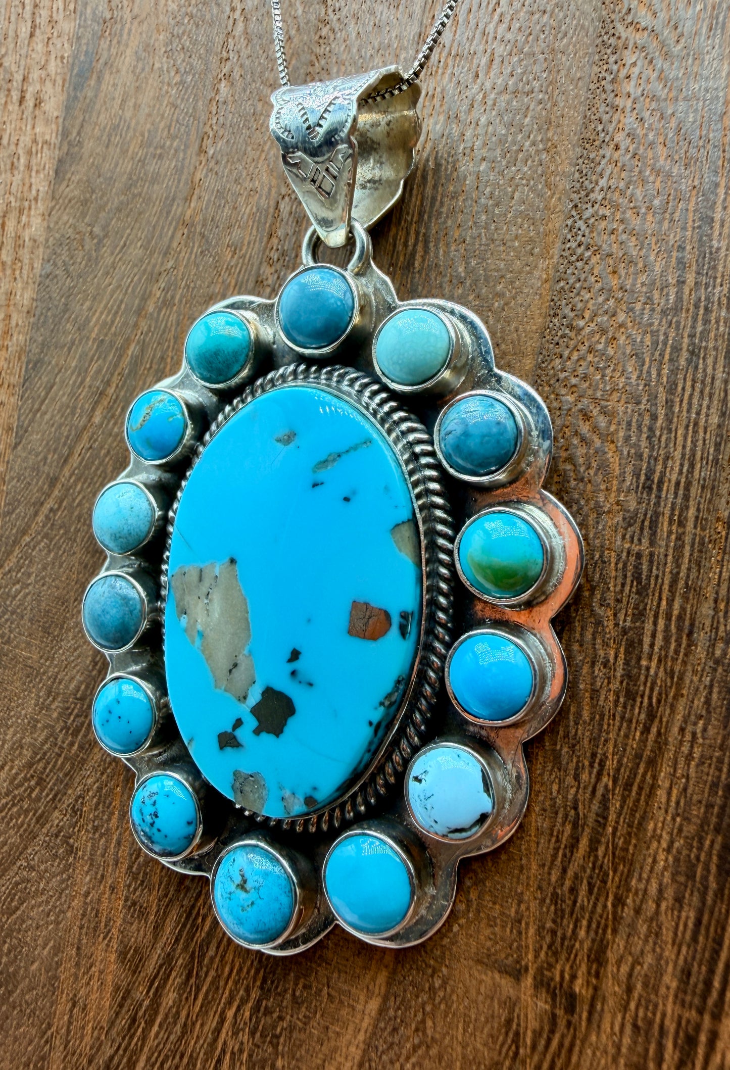 Turquoise Stainless Steel Statement Pendant | 3" Southwestern Pendant with Decorative Bail