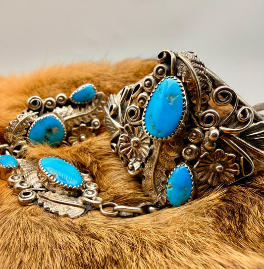 Harry B. Yazzie Sleeping Beauty Turquoise Sterling Silver  Hand Bracelet | Size 8.5 Ring