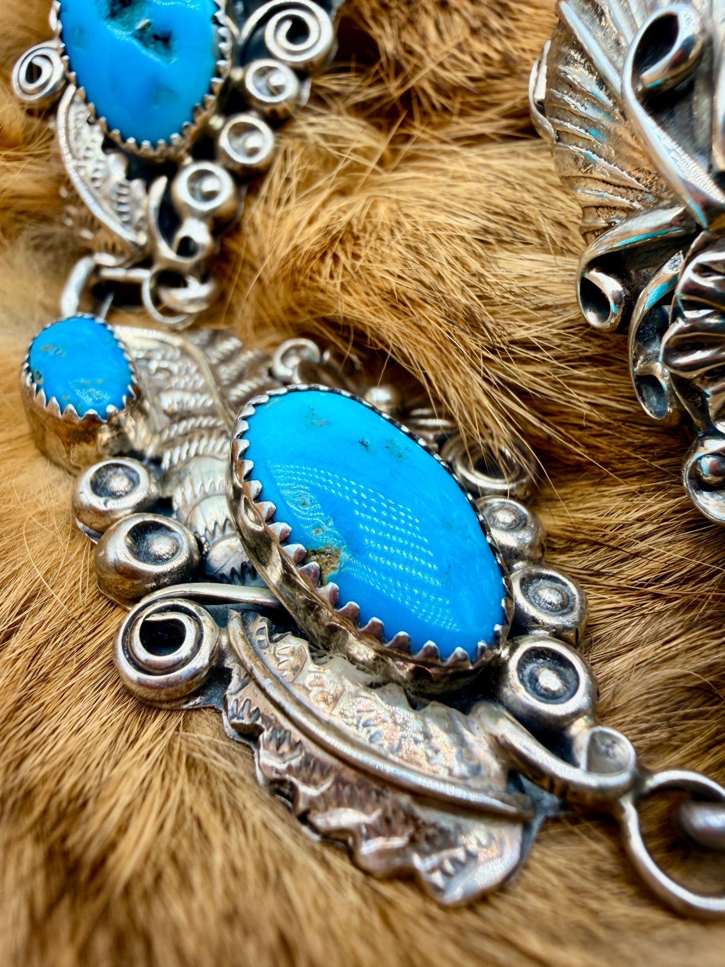 Harry B. Yazzie Sleeping Beauty Turquoise Stainless Steel Hand Bracelet | Size 8.5 Ring