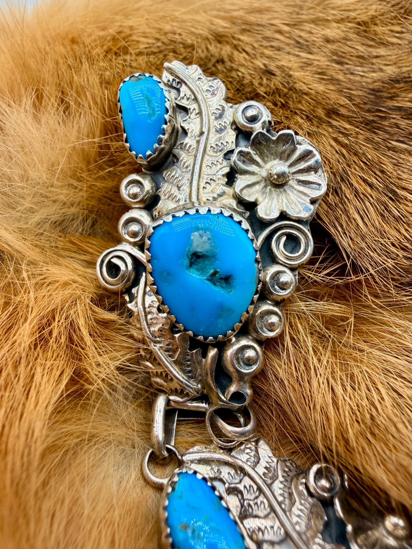 Harry B. Yazzie Sleeping Beauty Turquoise Stainless Steel Hand Bracelet | Size 8.5 Ring