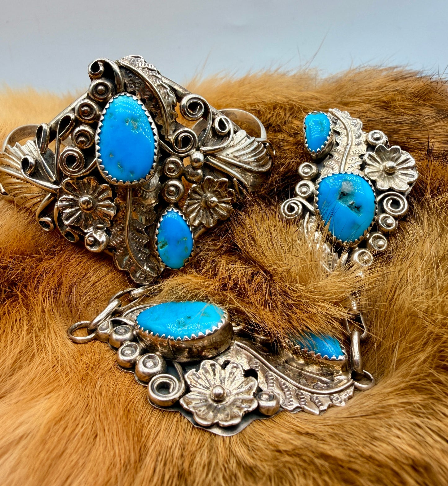 Harry B. Yazzie Sleeping Beauty Turquoise Stainless Steel Hand Bracelet | Size 8.5 Ring