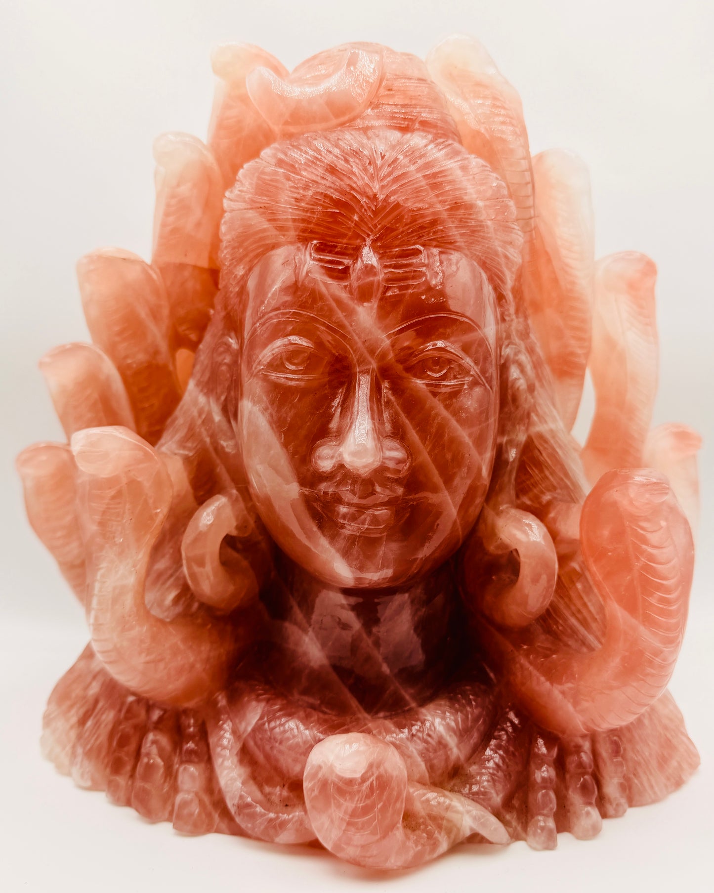 Giant hand-carved Rose Quartz Shiva altar with sacred cobras, 19-inch crystal sculpture from Lifted Realm.