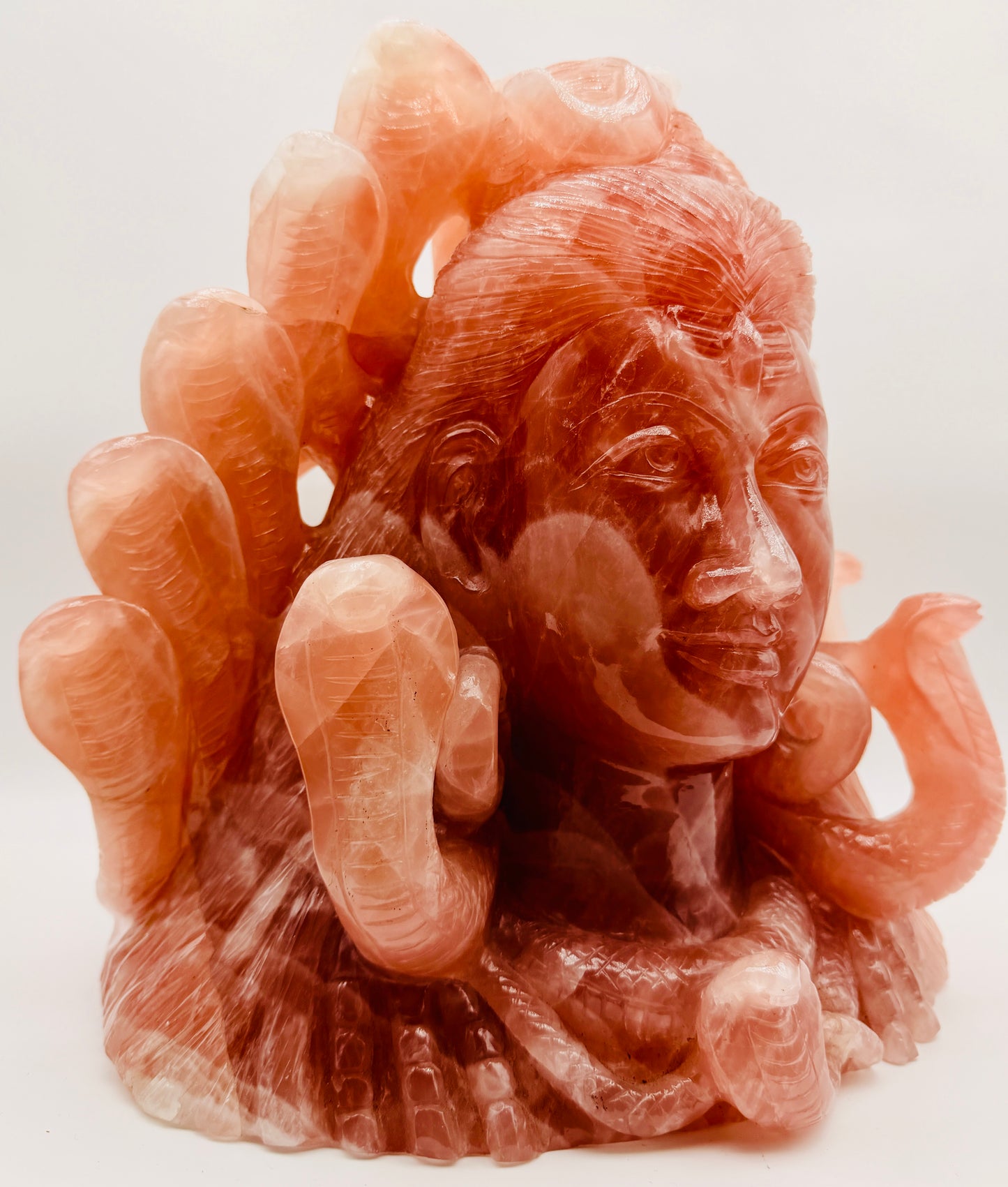 Giant Hand-Carved Rose Quartz Shiva Altar with Cobras | 26 lbs | 19" Masterpiece
