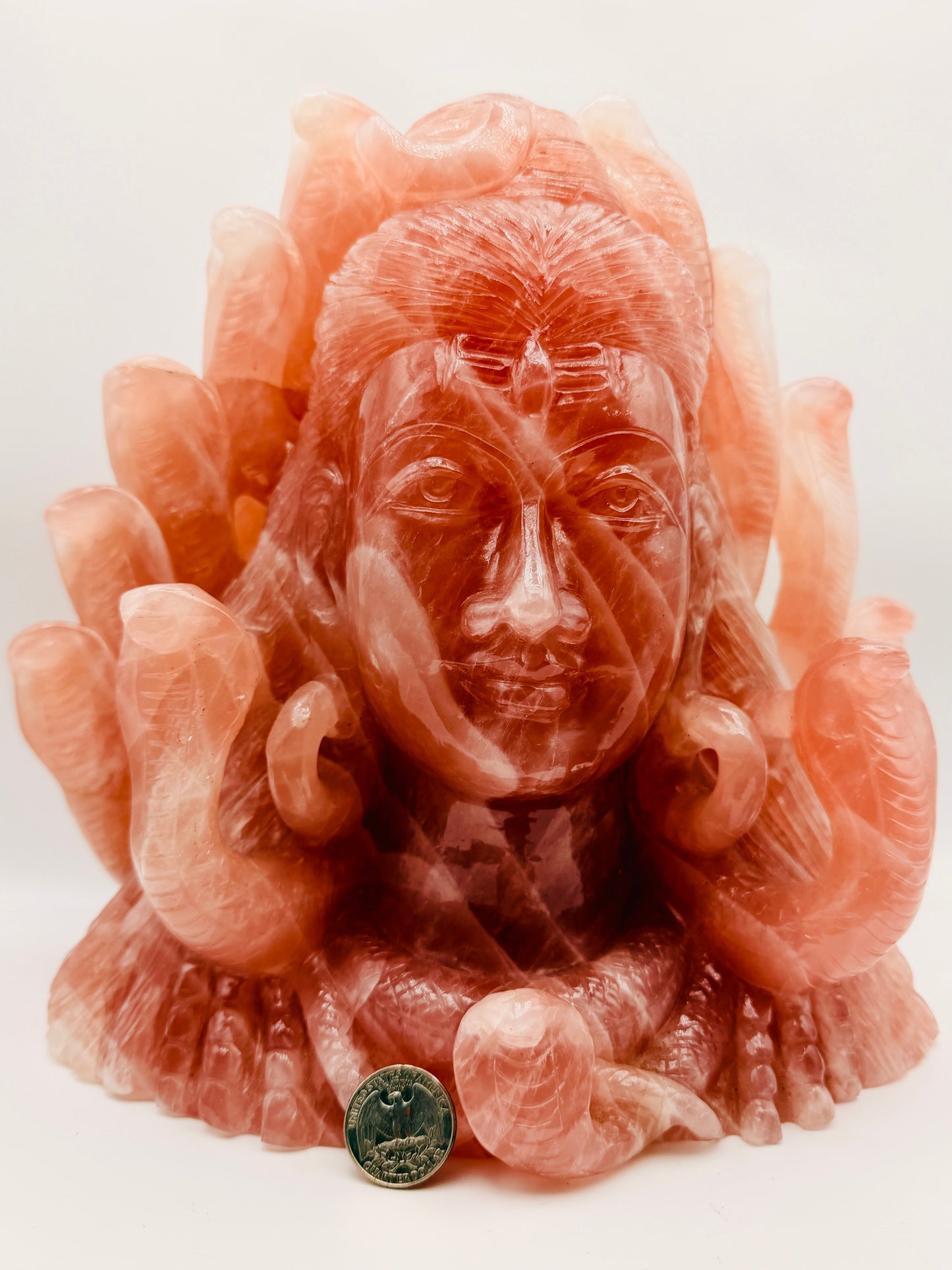 Giant Hand-Carved Rose Quartz Shiva Altar with Cobras | 26 lbs | 19" Masterpiece