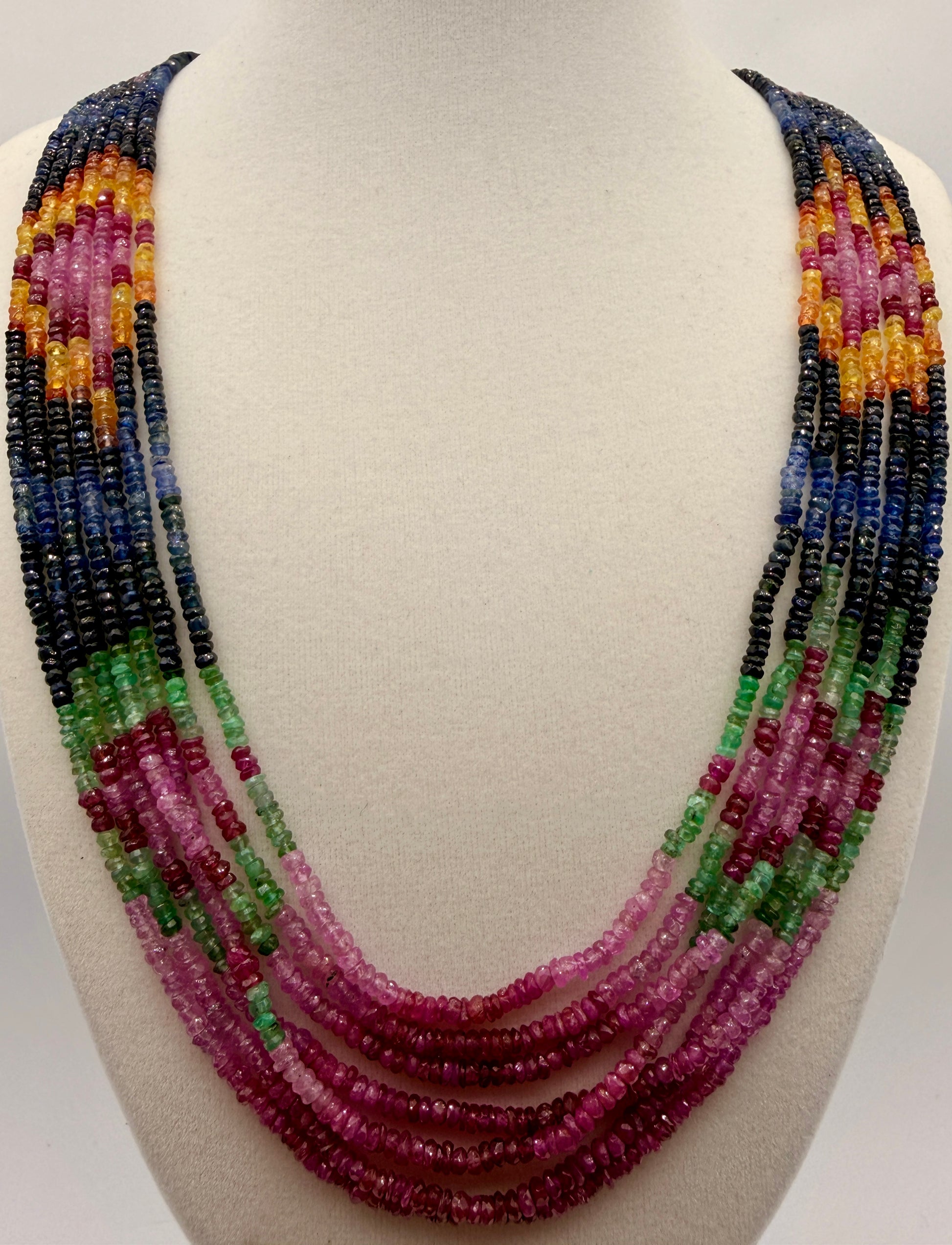 315 carat five strand natural sapphire and emerald multicolor gemstone statement necklace