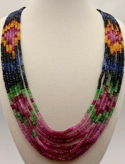 315 carat five strand natural sapphire and emerald multicolor gemstone statement necklace