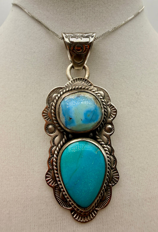 ZIA Golden Hills and Tyrone turquoise two-stone sterling silver pendant shown from the front