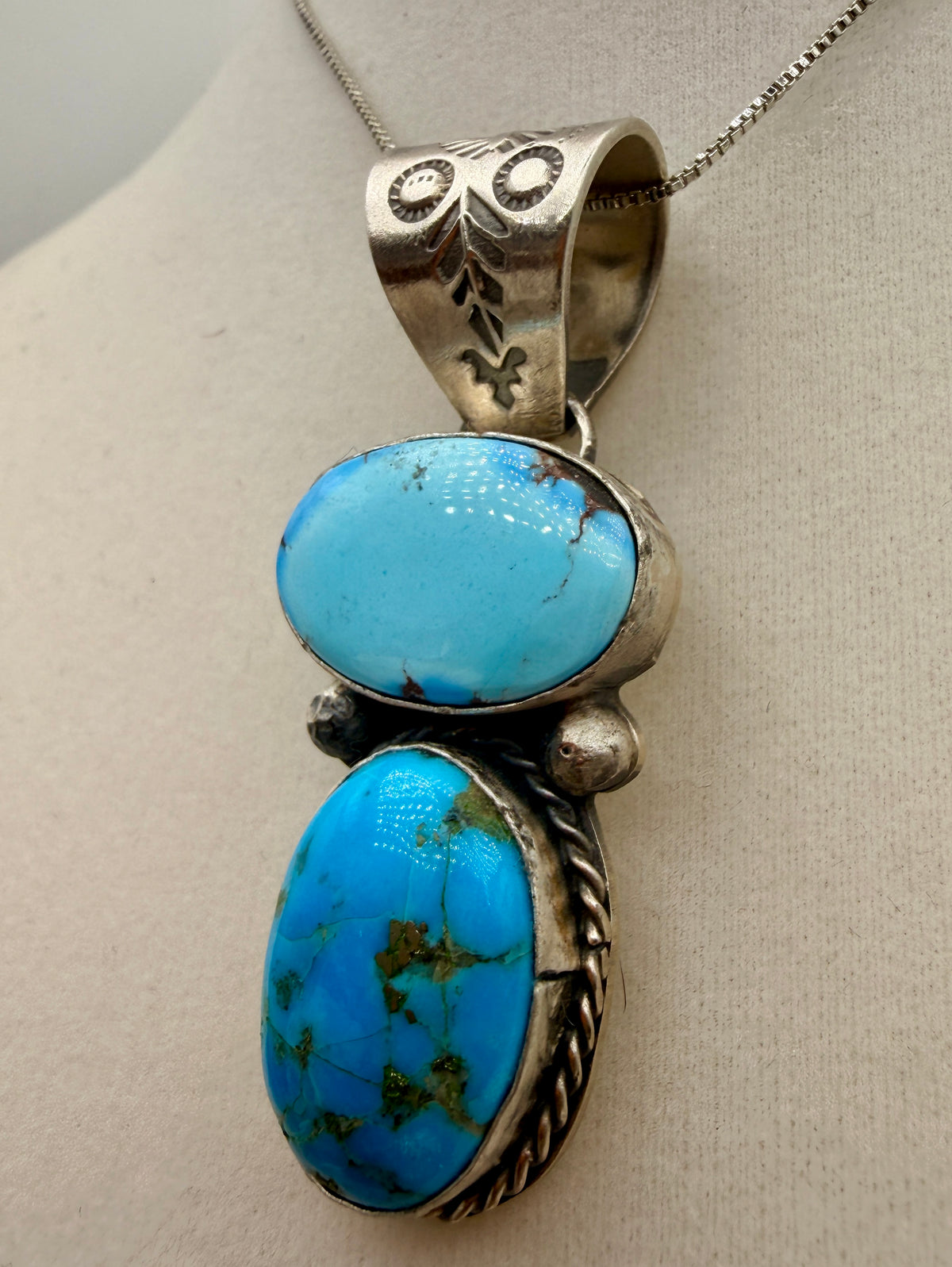 Philbert Nez Golden Hills Turquoise Two-Stone Sterling Silver Pendant