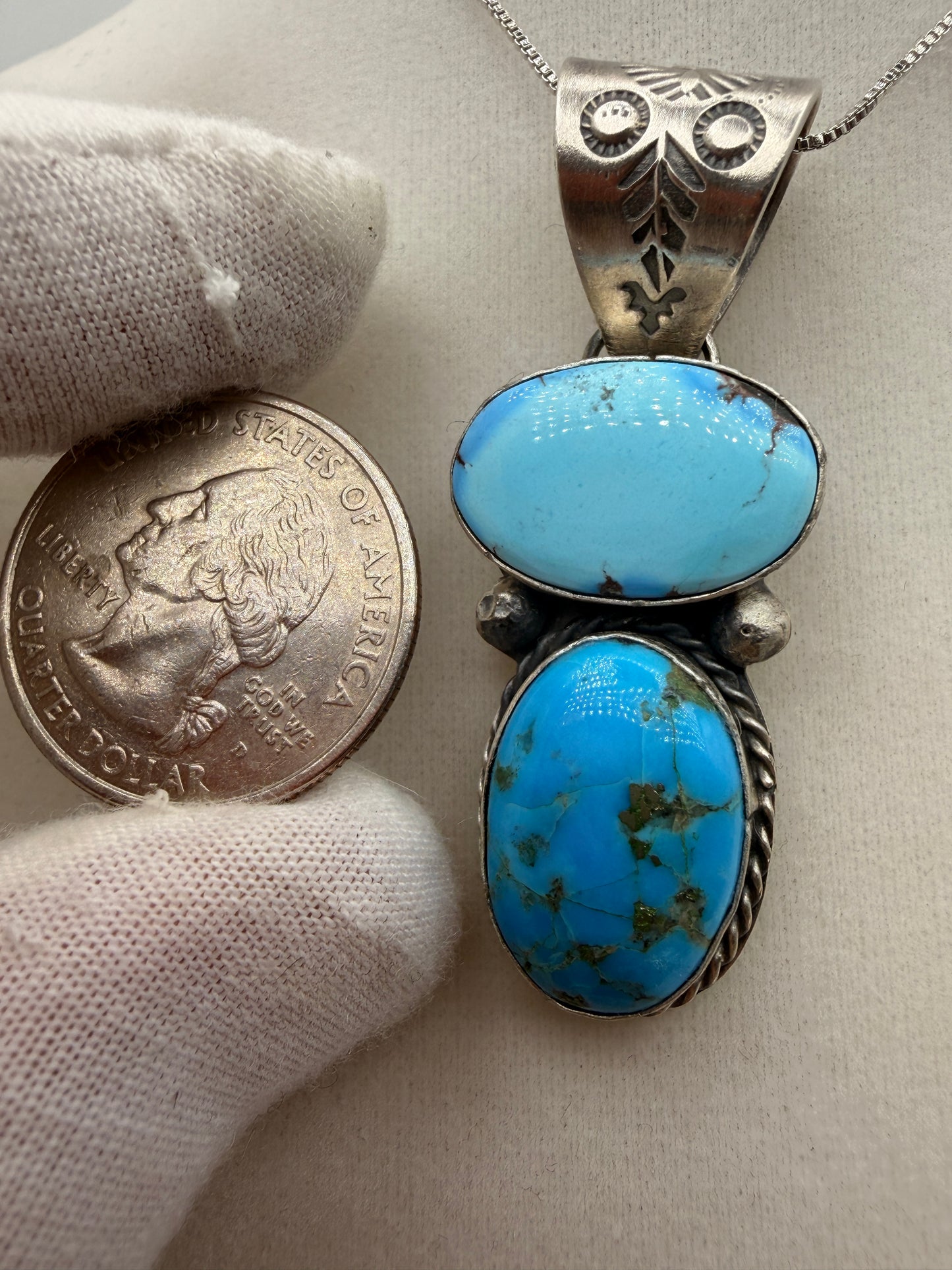 Philbert Nez Golden Hills Turquoise Two-Stone Sterling Silver Pendant