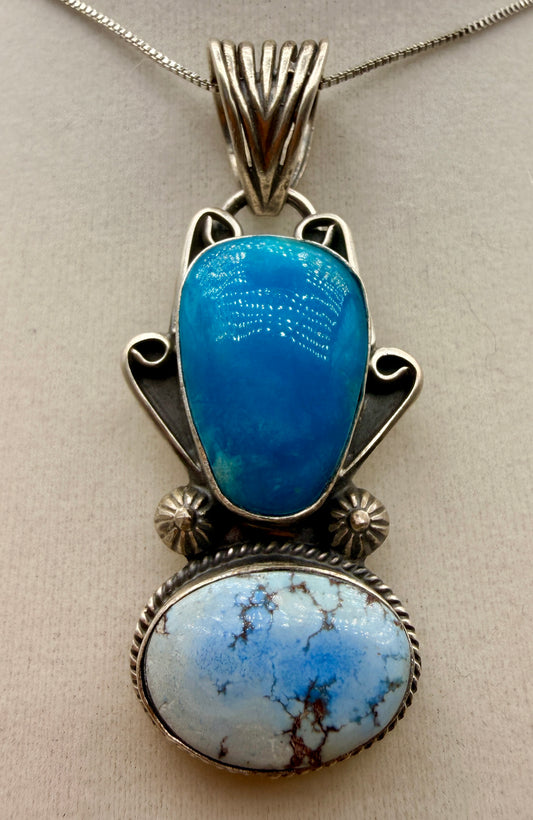 T. Nez Sr. Golden Hills and blue turquoise two-stone sterling silver pendant